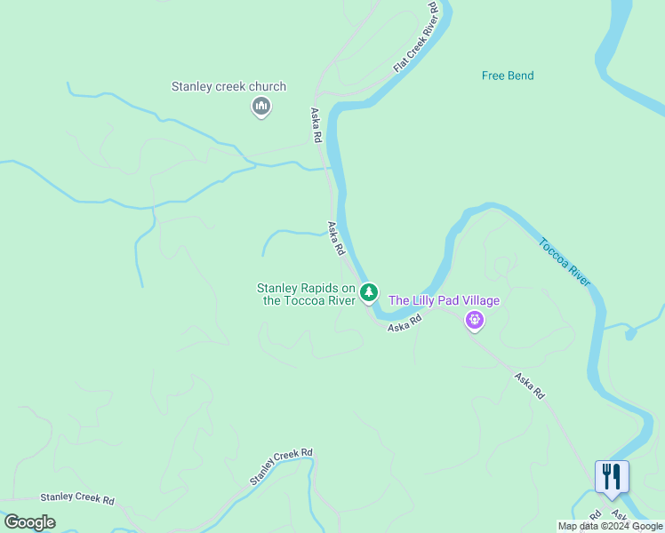 map of restaurants, bars, coffee shops, grocery stores, and more near 20 River Bend Lane in Blue Ridge