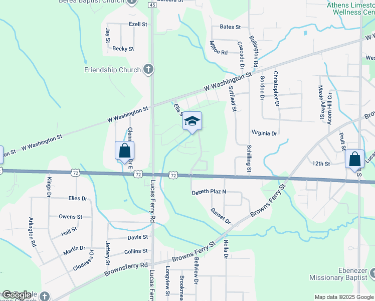 map of restaurants, bars, coffee shops, grocery stores, and more near Ella Street in Athens