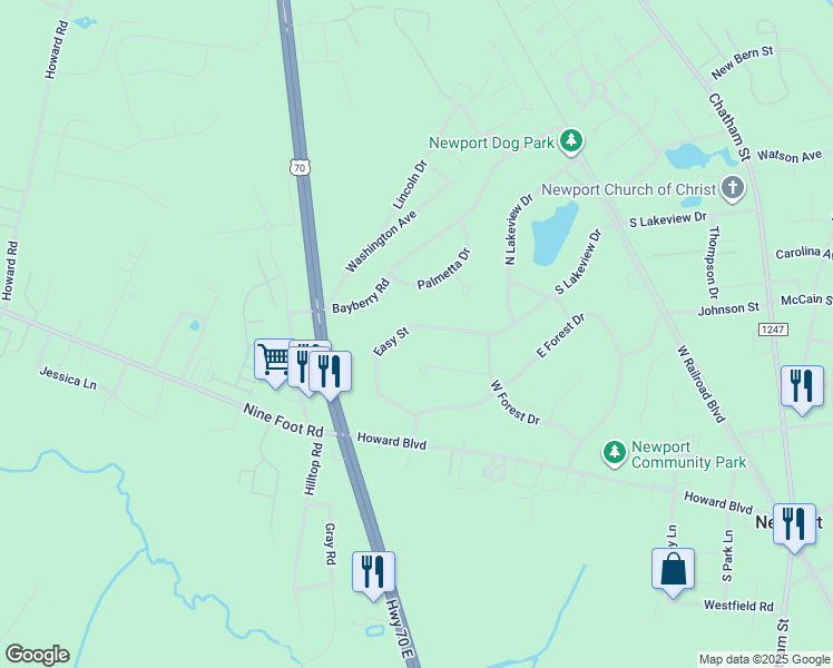 map of restaurants, bars, coffee shops, grocery stores, and more near 2818 Easy Street in Newport