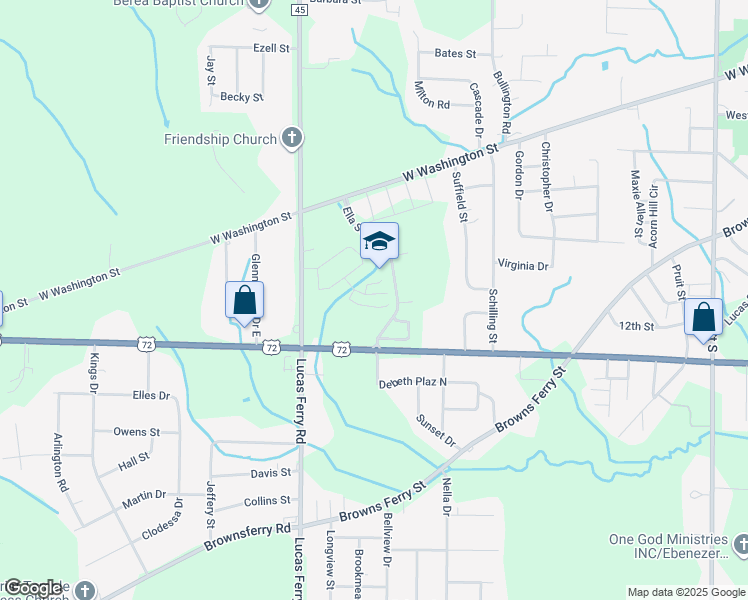 map of restaurants, bars, coffee shops, grocery stores, and more near Ella Street in Athens