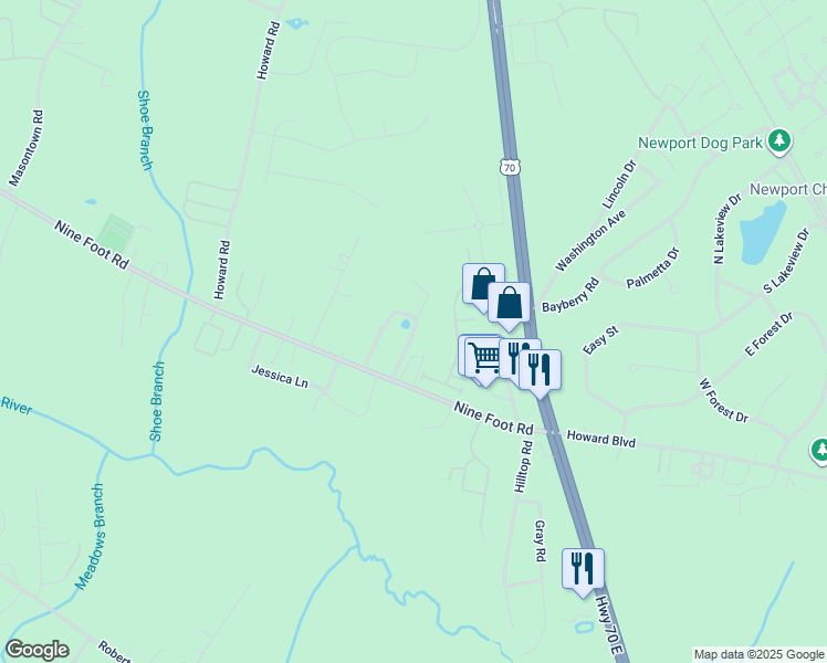 map of restaurants, bars, coffee shops, grocery stores, and more near Sanderson Road in Newport