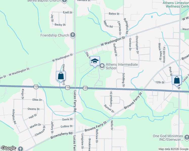 map of restaurants, bars, coffee shops, grocery stores, and more near Ella Street in Athens