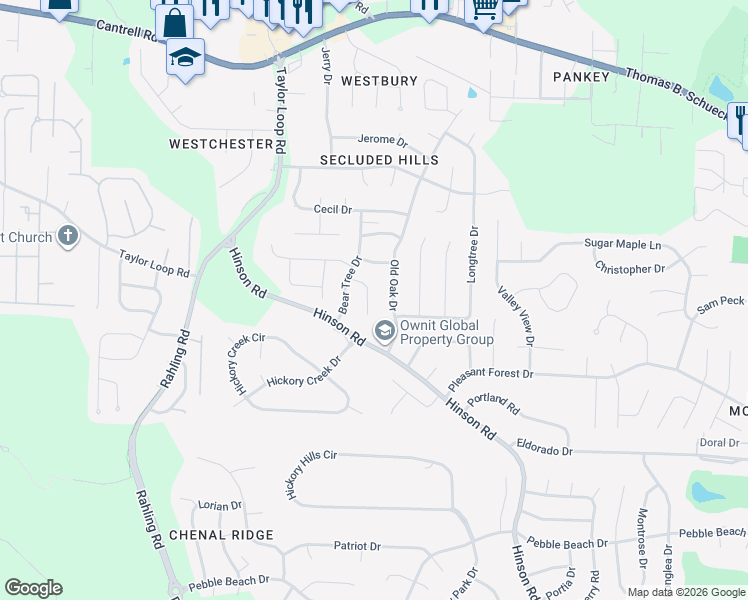 map of restaurants, bars, coffee shops, grocery stores, and more near 12 Honey Bear Court in Little Rock