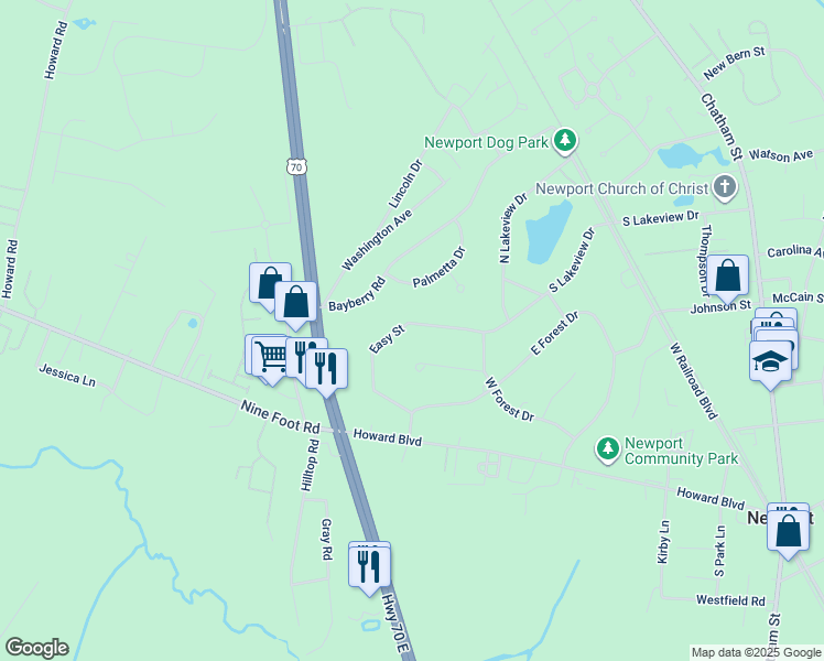 map of restaurants, bars, coffee shops, grocery stores, and more near 2818 Easy Street in Newport