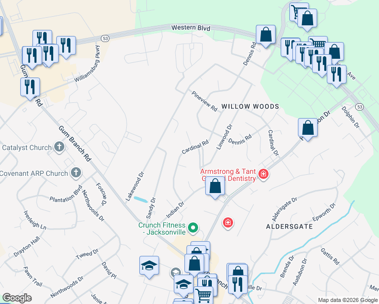 map of restaurants, bars, coffee shops, grocery stores, and more near 138 Cardinal Road in Jacksonville