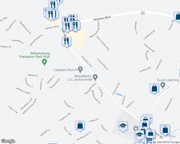 map of restaurants, bars, coffee shops, grocery stores, and more near 1975 Gum Branch Road in Jacksonville