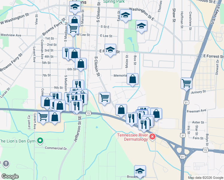 map of restaurants, bars, coffee shops, grocery stores, and more near 722 Idlewood Way in Athens