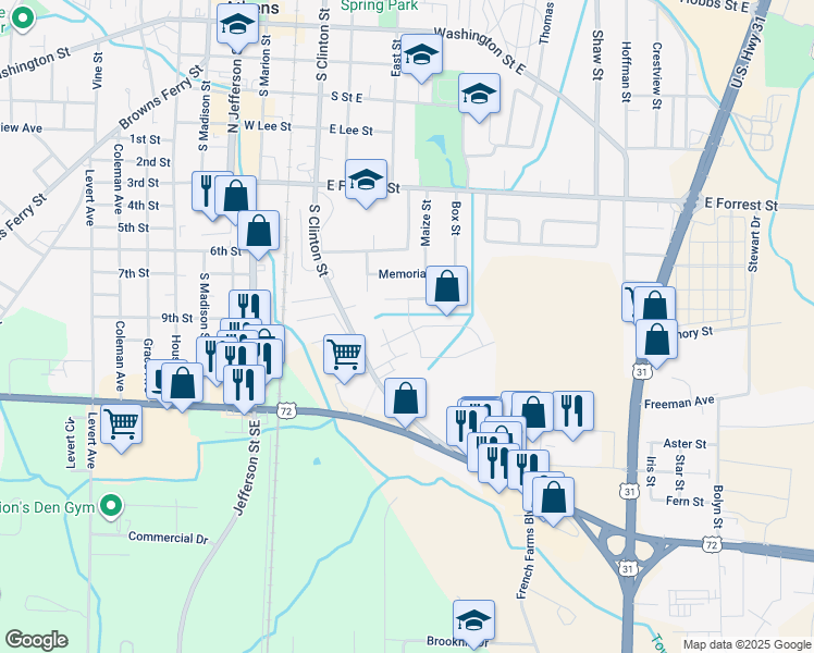 map of restaurants, bars, coffee shops, grocery stores, and more near 704 Wickerberry Way in Athens