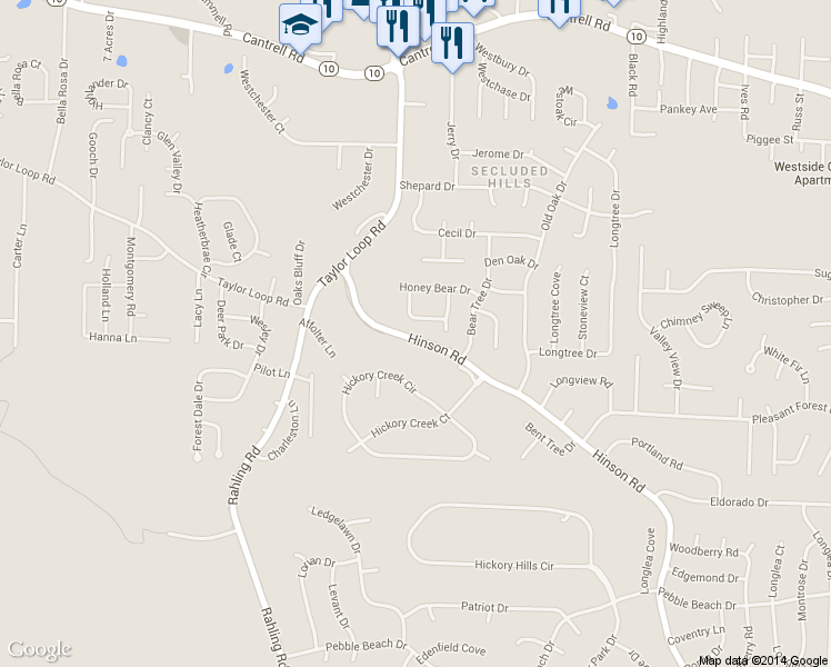 map of restaurants, bars, coffee shops, grocery stores, and more near 14600 Hinson Road in Little Rock