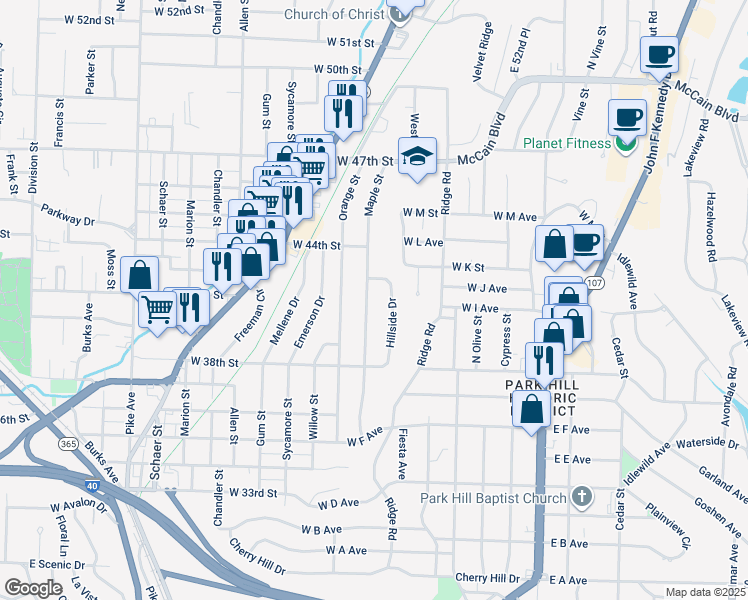 map of restaurants, bars, coffee shops, grocery stores, and more near 4017 Maple Street in North Little Rock