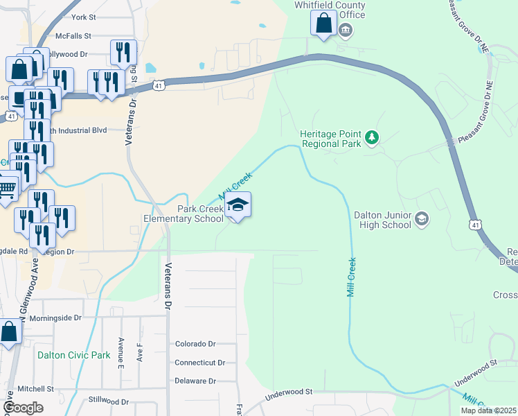 map of restaurants, bars, coffee shops, grocery stores, and more near 1500 Hale Bowen Drive in Dalton