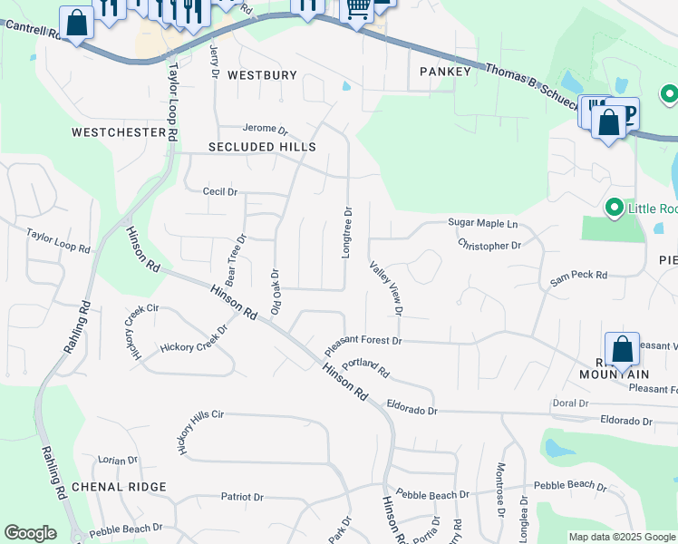 map of restaurants, bars, coffee shops, grocery stores, and more near 14101 Longtree Drive in Little Rock