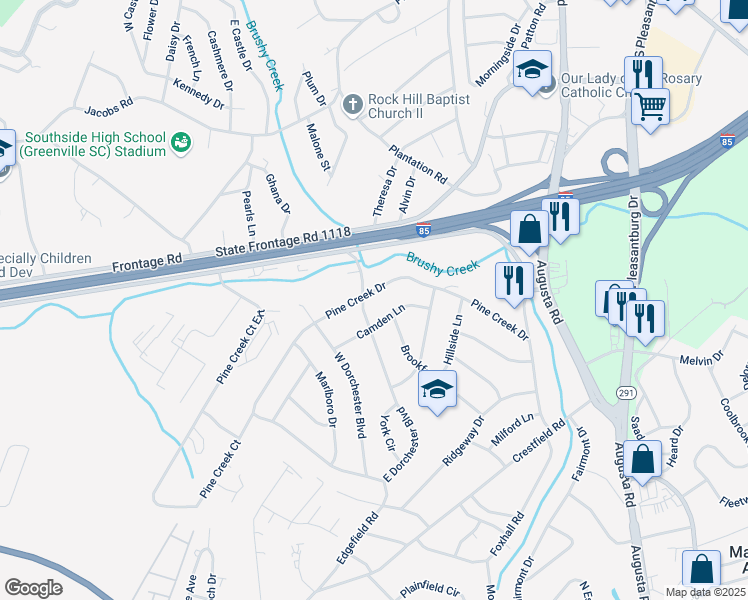 map of restaurants, bars, coffee shops, grocery stores, and more near 619 Pine Creek Drive in Greenville