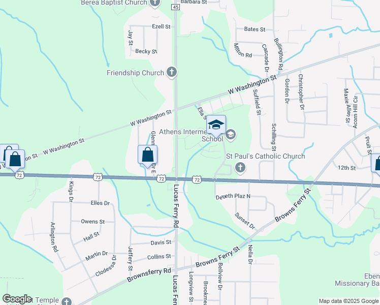 map of restaurants, bars, coffee shops, grocery stores, and more near 16088 Lucas Ferry Road in Athens