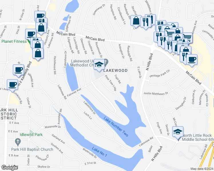 map of restaurants, bars, coffee shops, grocery stores, and more near 10 Pine Tree Loop in North Little Rock