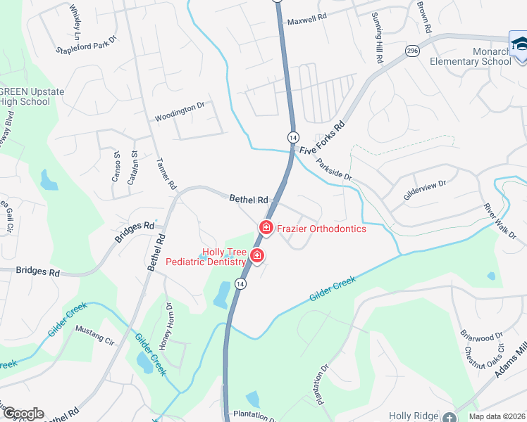 map of restaurants, bars, coffee shops, grocery stores, and more near 3210 Bethel Road in Simpsonville