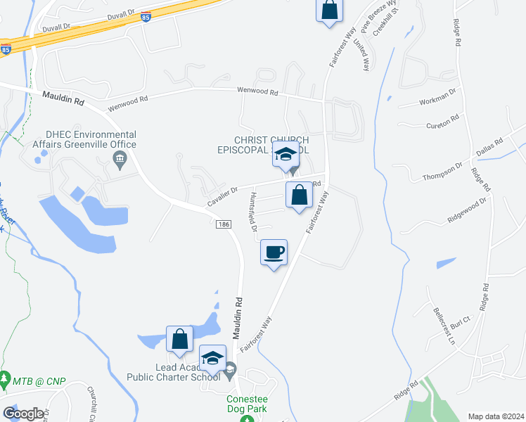 map of restaurants, bars, coffee shops, grocery stores, and more near 8 Retriever Lane in Greenville