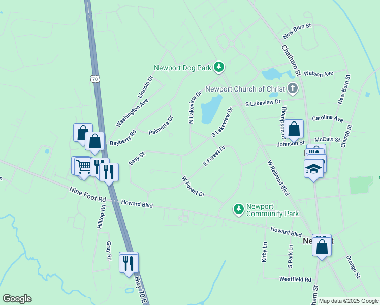map of restaurants, bars, coffee shops, grocery stores, and more near 2857 Easy St in Newport