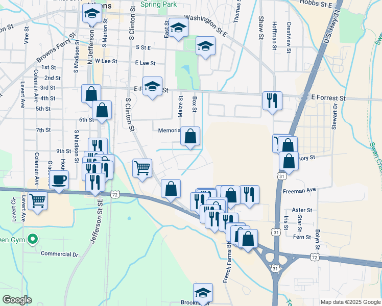 map of restaurants, bars, coffee shops, grocery stores, and more near 1007 US Highway 72 East in Athens