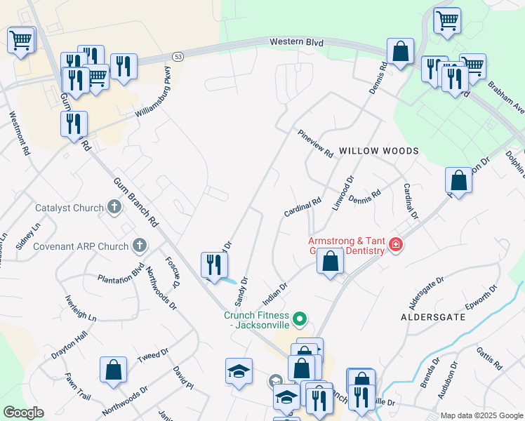 map of restaurants, bars, coffee shops, grocery stores, and more near 208 Lakewood Drive in Jacksonville