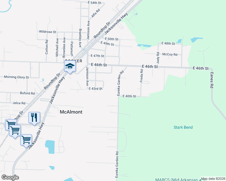 map of restaurants, bars, coffee shops, grocery stores, and more near 1909 Eureka Garden Road in North Little Rock