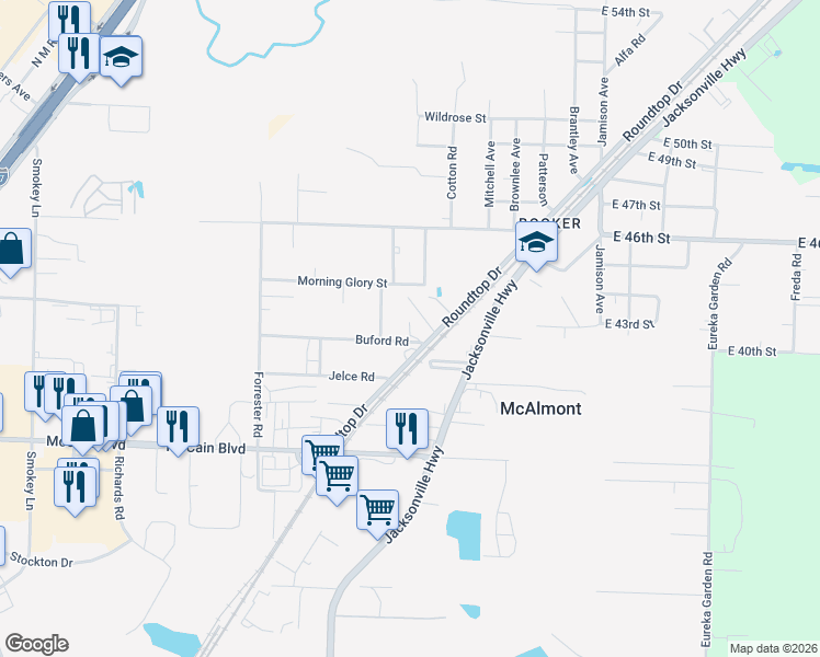 map of restaurants, bars, coffee shops, grocery stores, and more near 5415 Buford Road in North Little Rock
