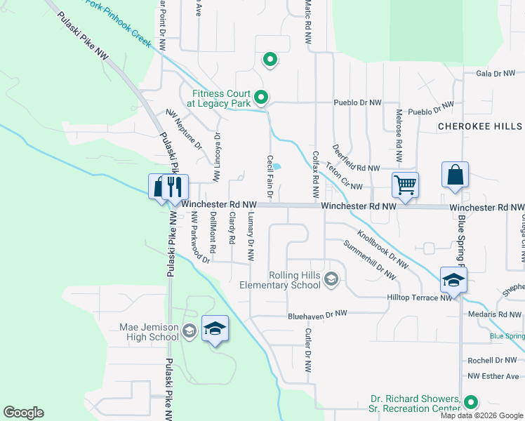map of restaurants, bars, coffee shops, grocery stores, and more near 5016 Lumary Drive Northwest in Huntsville