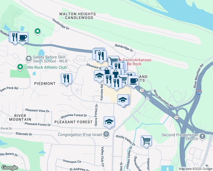map of restaurants, bars, coffee shops, grocery stores, and more near 11820 Fairview Road in Little Rock