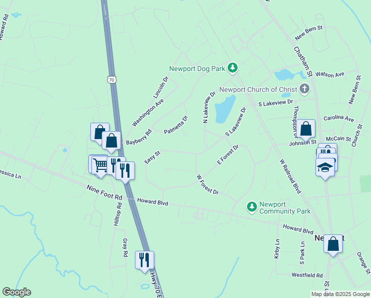 map of restaurants, bars, coffee shops, grocery stores, and more near 2815 Easy Street in Newport