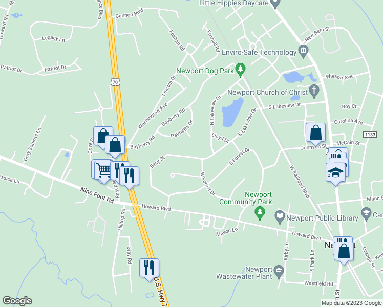 map of restaurants, bars, coffee shops, grocery stores, and more near 2815 Easy Street in Newport