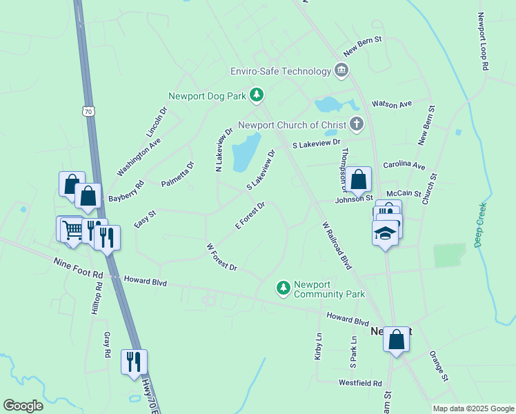 map of restaurants, bars, coffee shops, grocery stores, and more near 2537-2553 E Forest Dr in Newport
