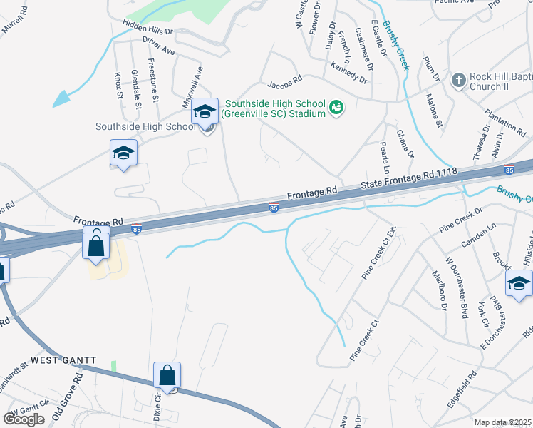 map of restaurants, bars, coffee shops, grocery stores, and more near Frontage Road in Gantt