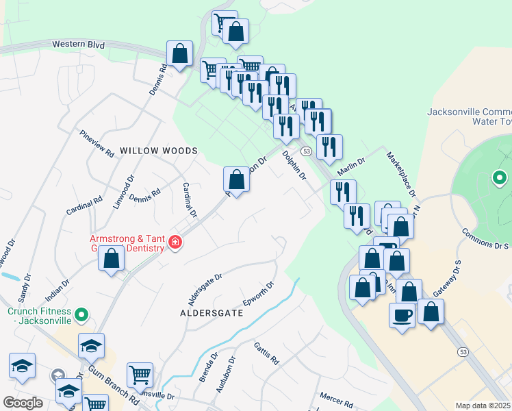 map of restaurants, bars, coffee shops, grocery stores, and more near 201 Canaan Court in Jacksonville