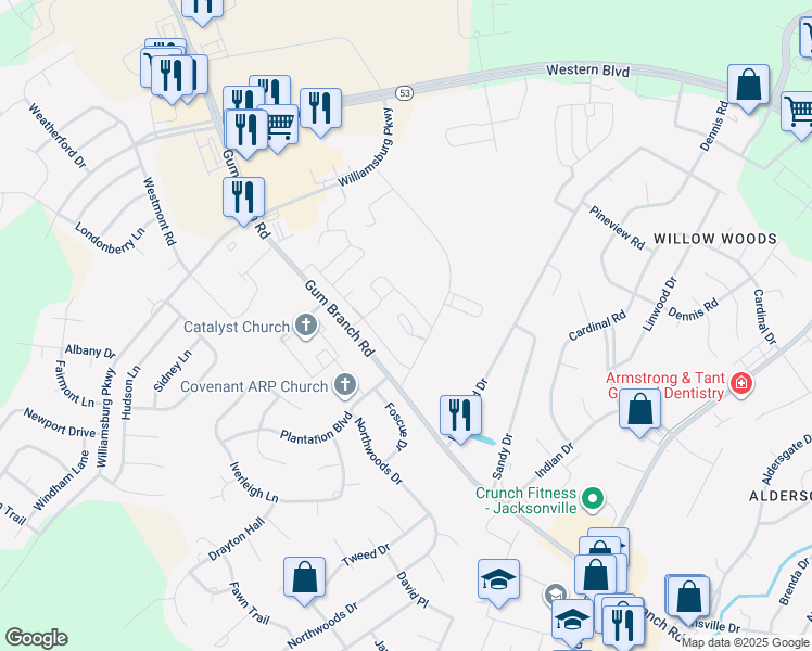 map of restaurants, bars, coffee shops, grocery stores, and more near 400 Phoenix Park Drive in Jacksonville