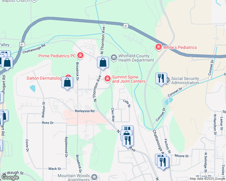 map of restaurants, bars, coffee shops, grocery stores, and more near 1428 Cleo Way in Dalton