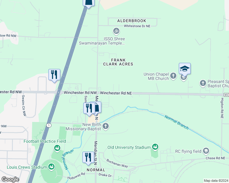 map of restaurants, bars, coffee shops, grocery stores, and more near 198 Winchester Road Northeast in Huntsville