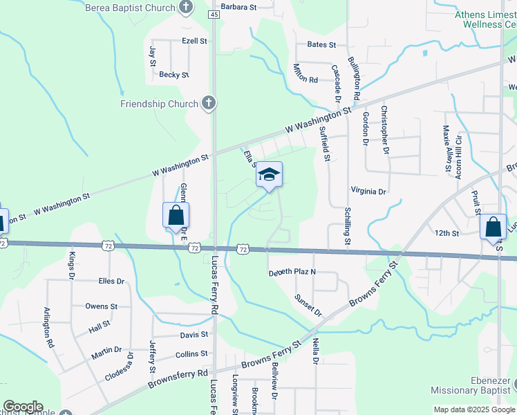 map of restaurants, bars, coffee shops, grocery stores, and more near Ella Street in Athens