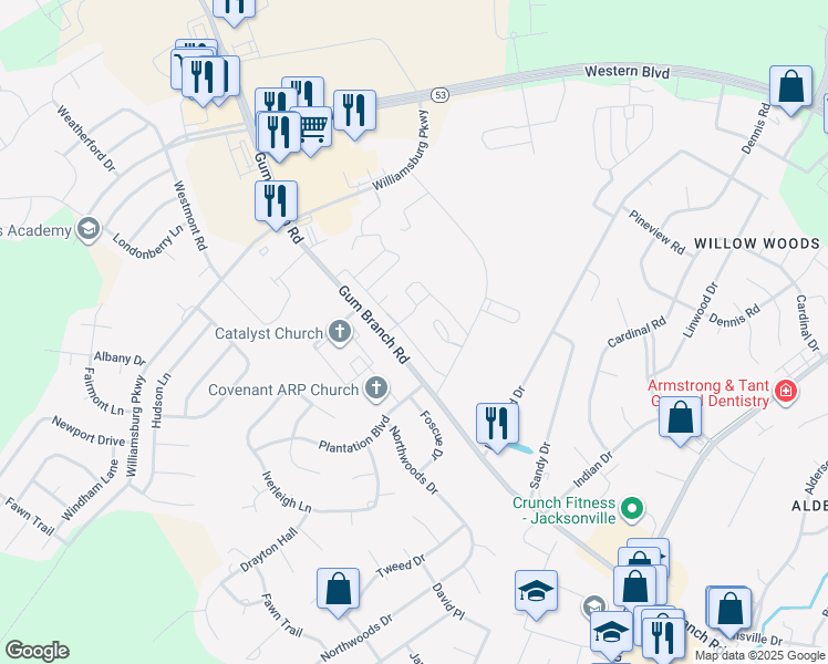 map of restaurants, bars, coffee shops, grocery stores, and more near 100 Progress Way in Jacksonville
