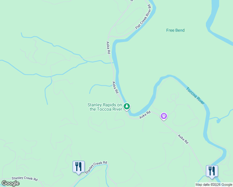 map of restaurants, bars, coffee shops, grocery stores, and more near 20 River Bend Lane in Blue Ridge