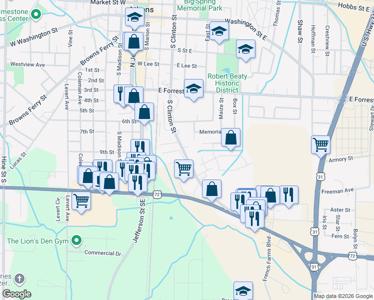 map of restaurants, bars, coffee shops, grocery stores, and more near 722 Idlewood Way in Athens