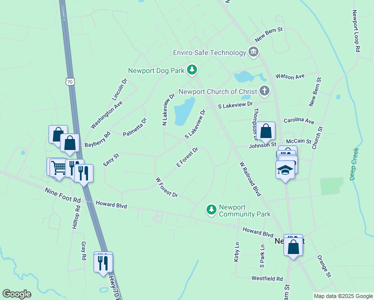 map of restaurants, bars, coffee shops, grocery stores, and more near 2537 East Forest Drive in Newport