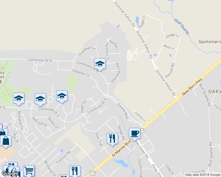 map of restaurants, bars, coffee shops, grocery stores, and more near 710 Commons Drive North in Jacksonville