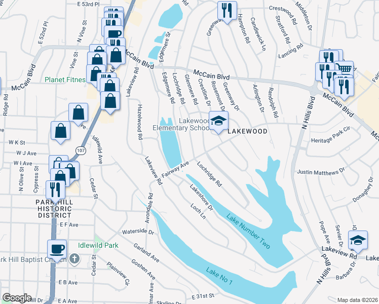 map of restaurants, bars, coffee shops, grocery stores, and more near 4115 Lochridge Road in North Little Rock