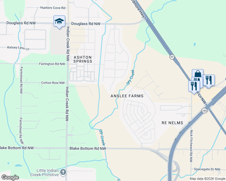 map of restaurants, bars, coffee shops, grocery stores, and more near 8353 Anslee Way Northwest in Huntsville