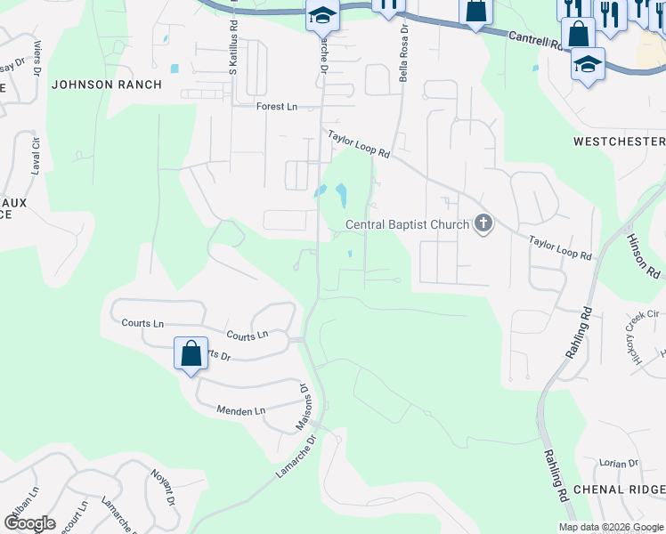 map of restaurants, bars, coffee shops, grocery stores, and more near 4100 Carter Lane in Little Rock
