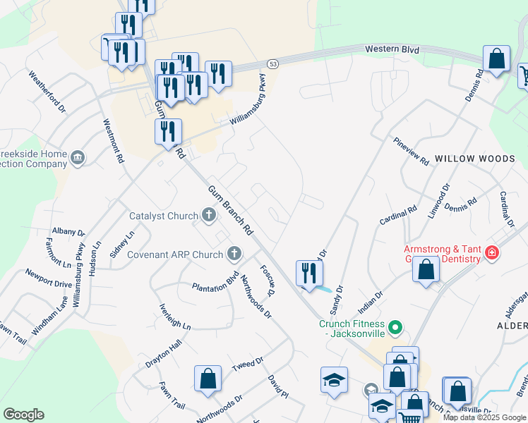 map of restaurants, bars, coffee shops, grocery stores, and more near 100 Progress Way in Jacksonville
