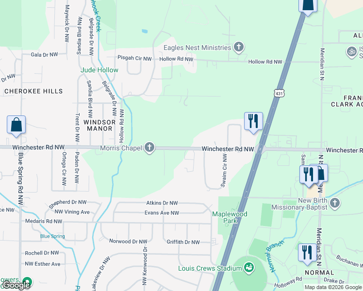 map of restaurants, bars, coffee shops, grocery stores, and more near in Huntsville