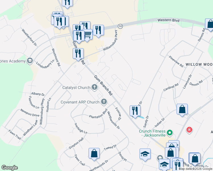 map of restaurants, bars, coffee shops, grocery stores, and more near 1975 Gum Branch Road in Jacksonville