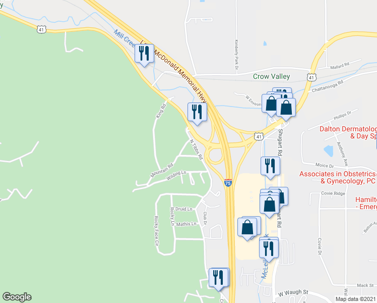 map of restaurants, bars, coffee shops, grocery stores, and more near 1503 North Tibbs Road in Dalton
