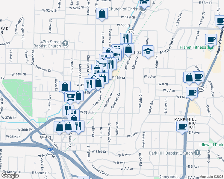 map of restaurants, bars, coffee shops, grocery stores, and more near 4104 Mellene Drive in North Little Rock